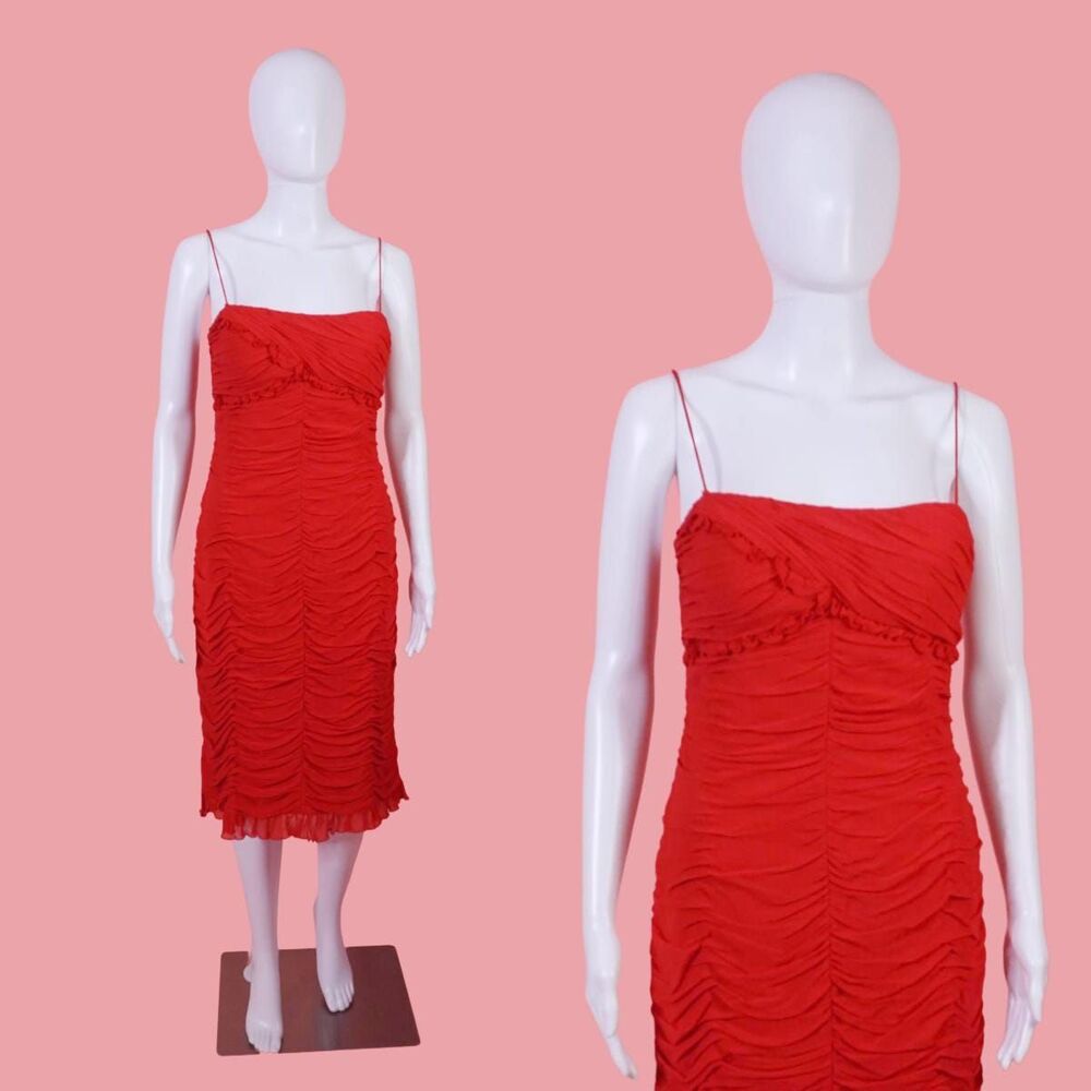 1990s CACHE  Red SILK CHIFFON Draped Dress wiRuffle Details. Small. As Is